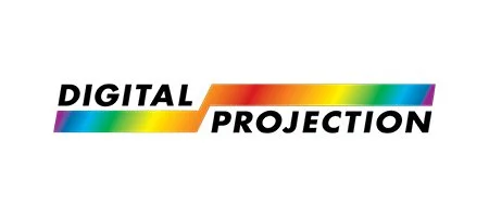 Text that says 'DIGITAL PROJECTION' with a rainbow-colored line underneath.
