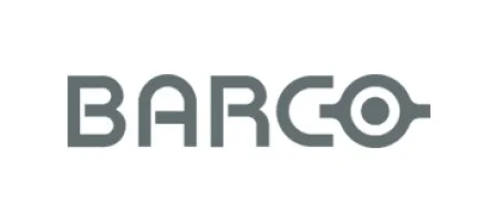 Logo for BARCO featuring the company name with a stylized circular symbol to the right.