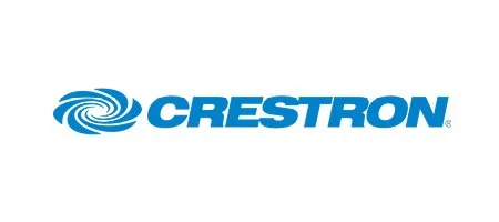Crestron logo with blue text and swirl design