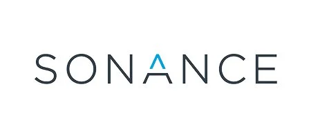 Logo for Sonance with stylized letter A in blue.