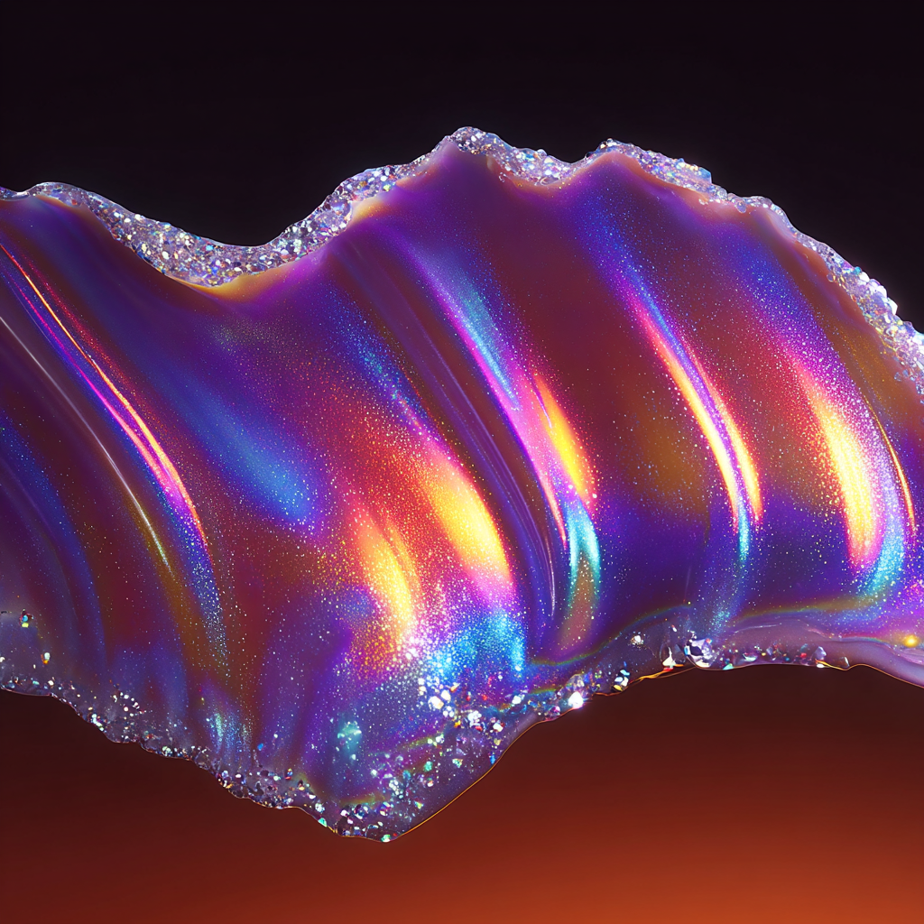 Close-up of an iridescent, colorful soap bubble with shimmering hues and bubbles along the edge, set against a black background by Laura Pellegrino