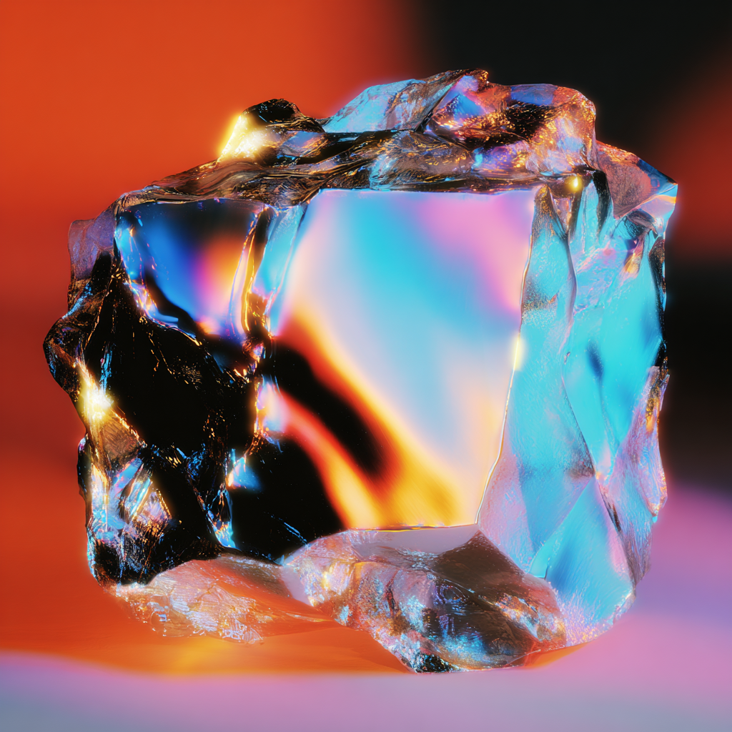 Colorful, iridescent gemstone with reflections and a glowing, multicolored background created by Laura Pellegrino