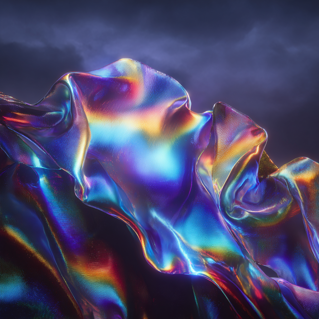 Close-up of iridescent, multicolored fabric with a shiny texture, draped over a surface against a cloudy sky by Laura Pellegrino