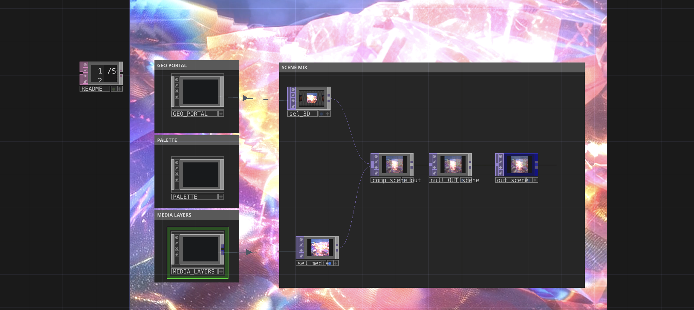 A Touch Designer workspace with multiple interconnected nodes and panels, featuring a colorful, abstract, digital background with neon-like hues of pink, purple, and yellow by Laura Pellegrino.