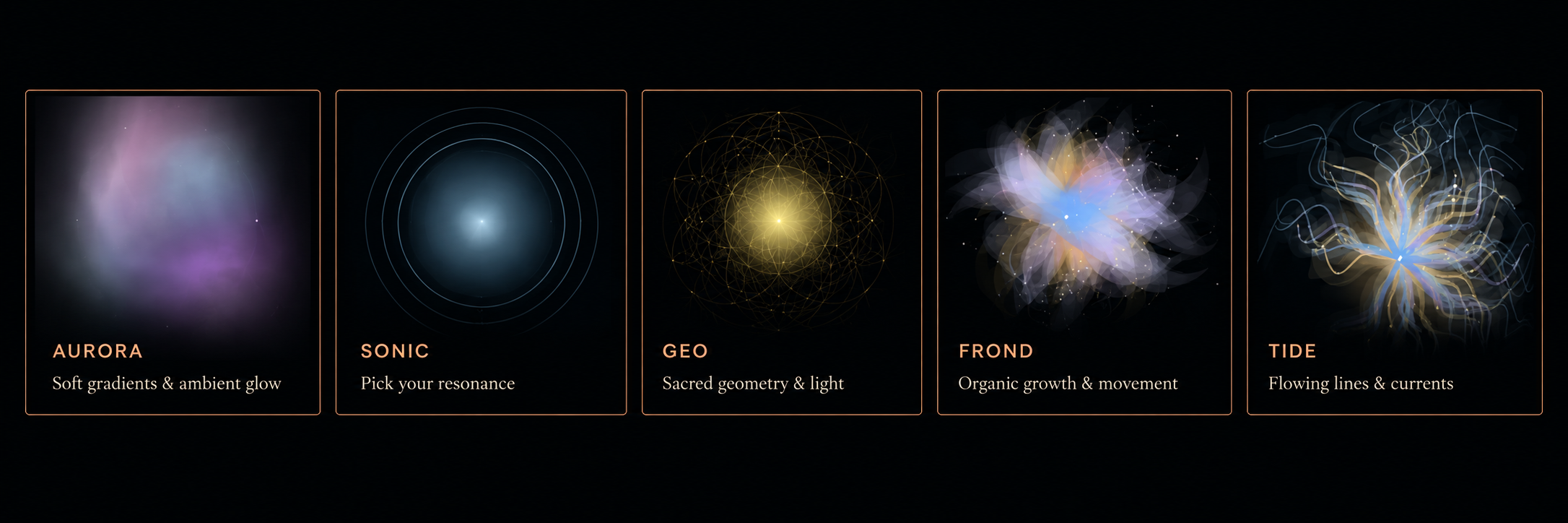 diagram of different aesthetics aurora- soft gradients and ambient glow, sonic- a glowing center with rings expanding around, geo- a sacred geometry and light, frond- an abstract floral, and tide- flowing tentacle like currents