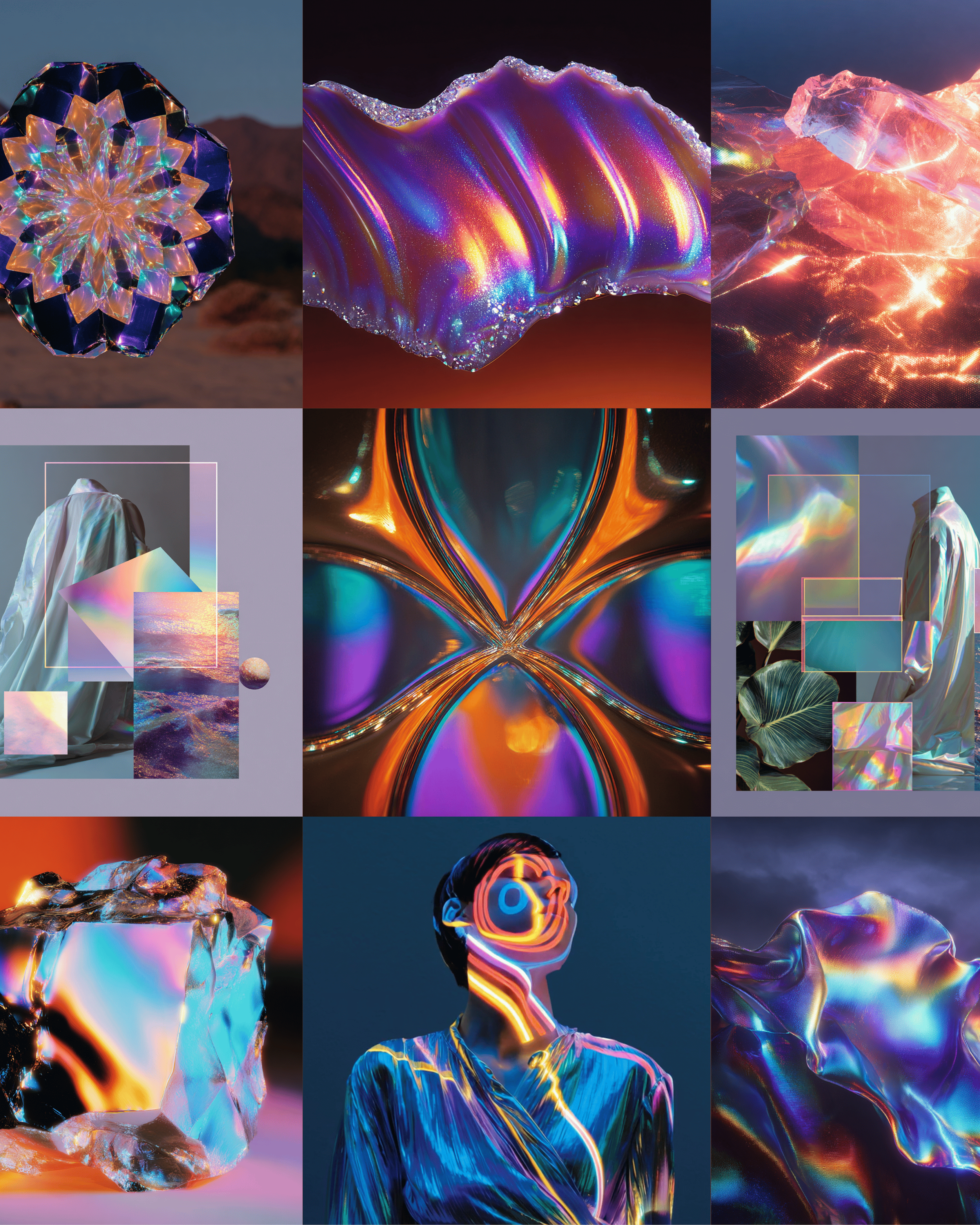 visual language mood board ranging from geodes, iridescent textures