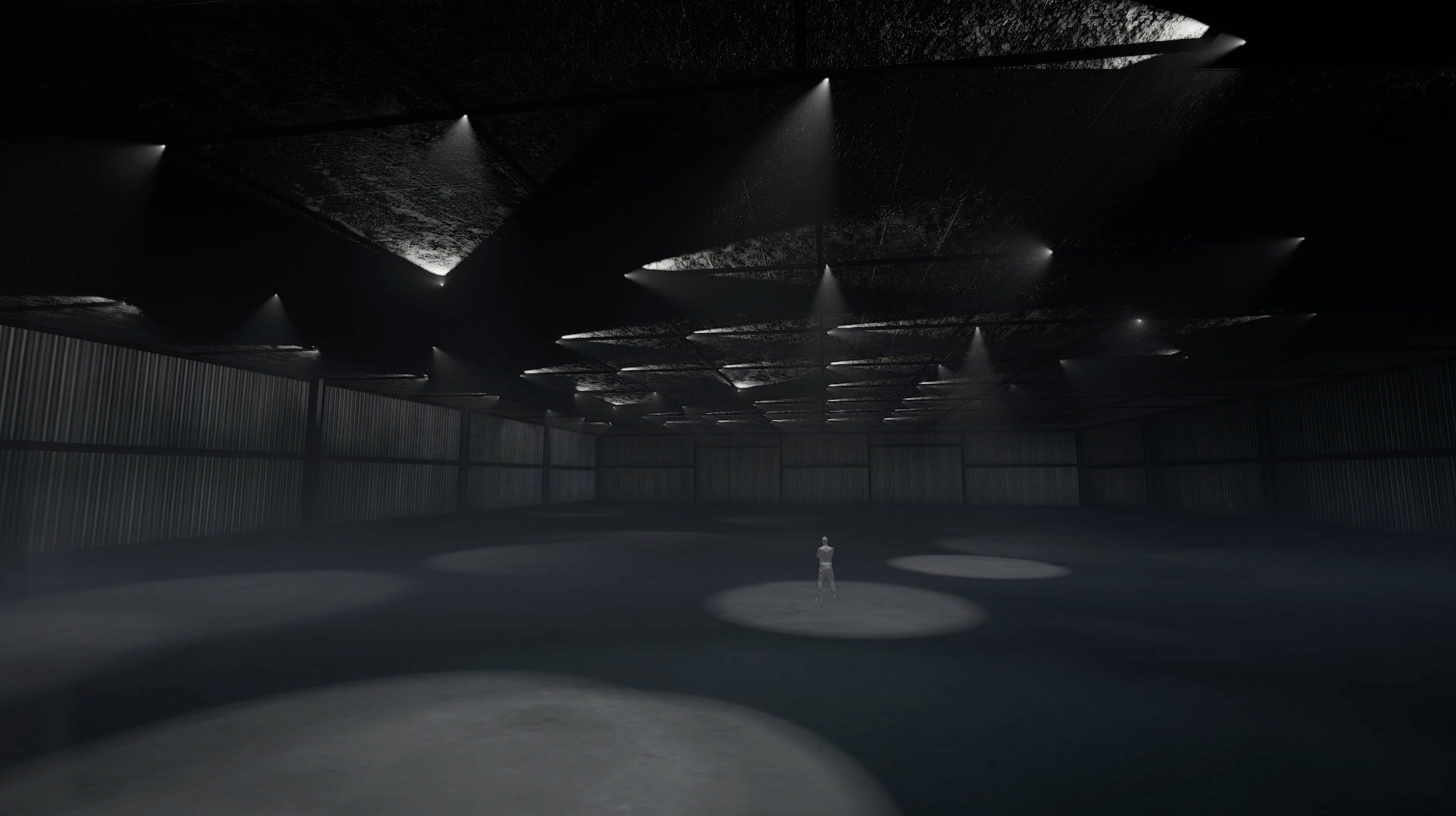 Figure standing beneath a grid of moving lights, showing scale and spatial relationship within the Reflections installation by Laura Pellegrino