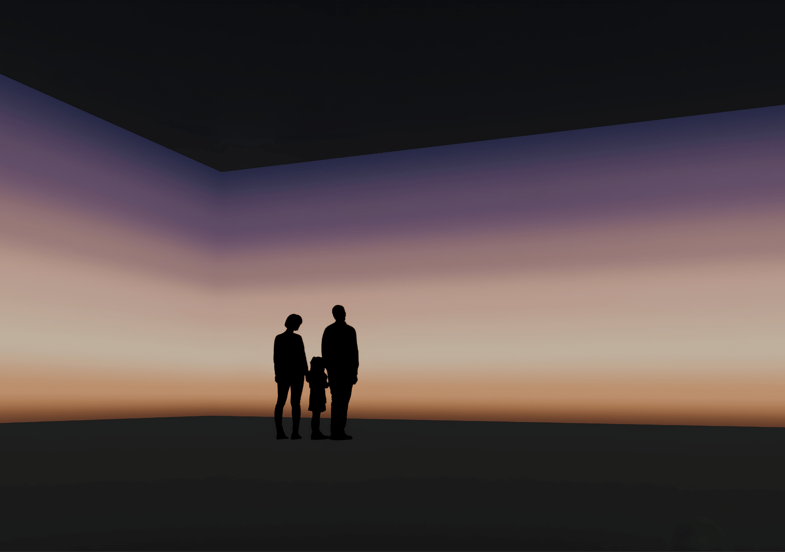 two adults and child holding hands facing a wall illuminated in a gradient from purple to orange