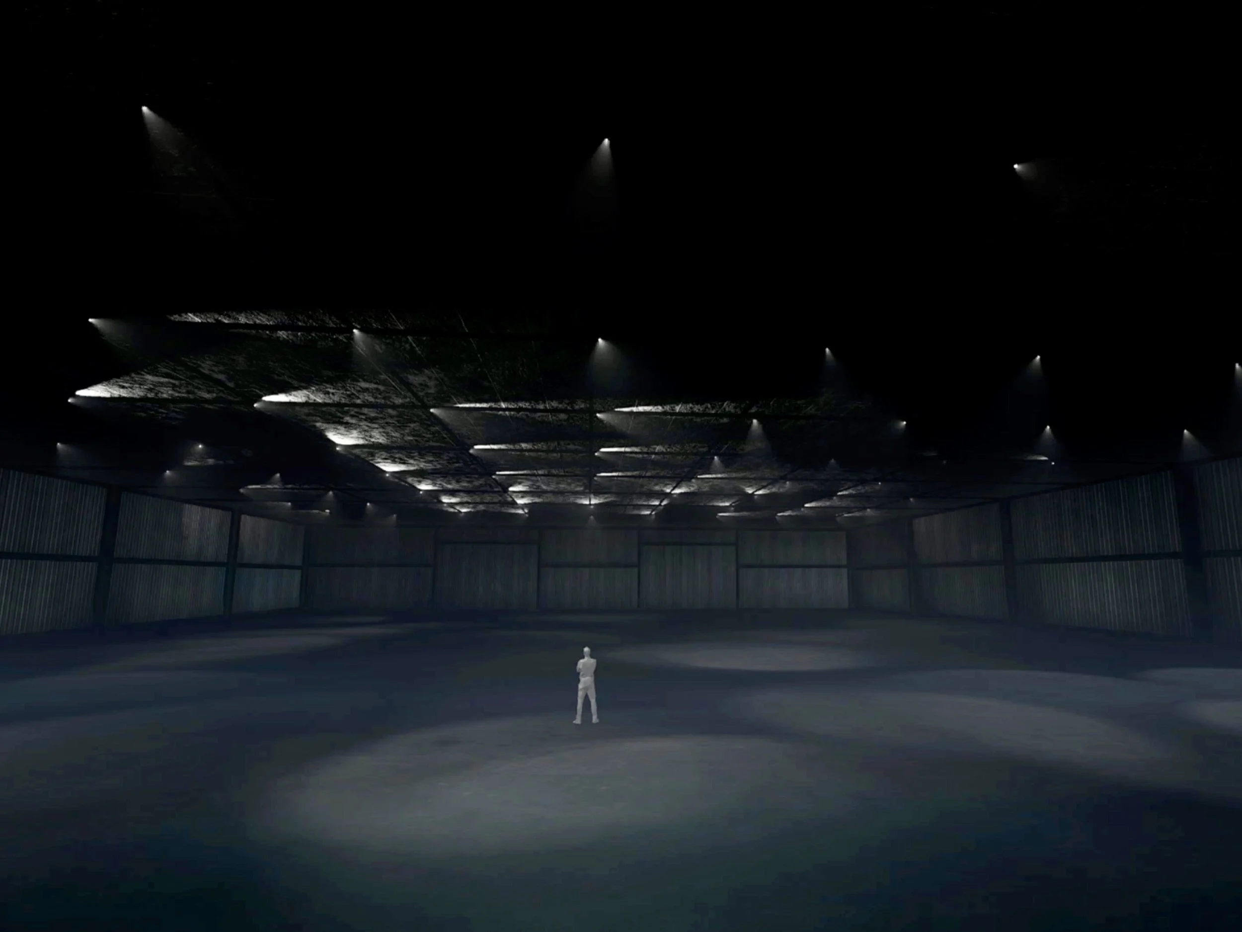 previz space with figure standing in the center with lights washing over the space at somewhat random placement