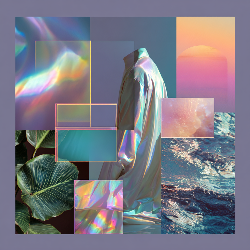 A collage featuring holographic elements, ocean waves, green leaves, and a headless figure in iridescent clothing with a pastel-colored background by Laura Pellegrino