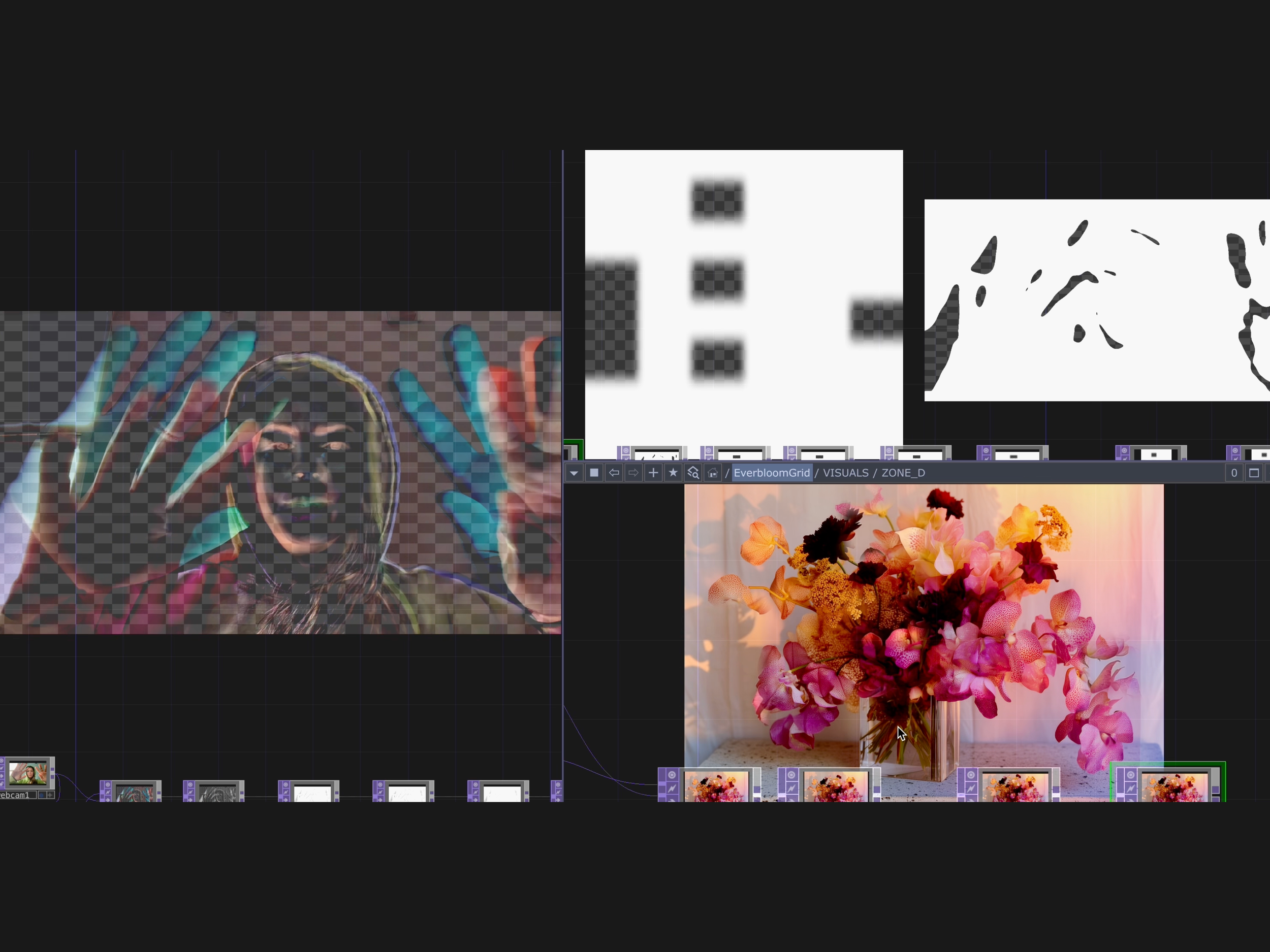 touchdesigner workflow of webcam detection masking to move floral arrangement