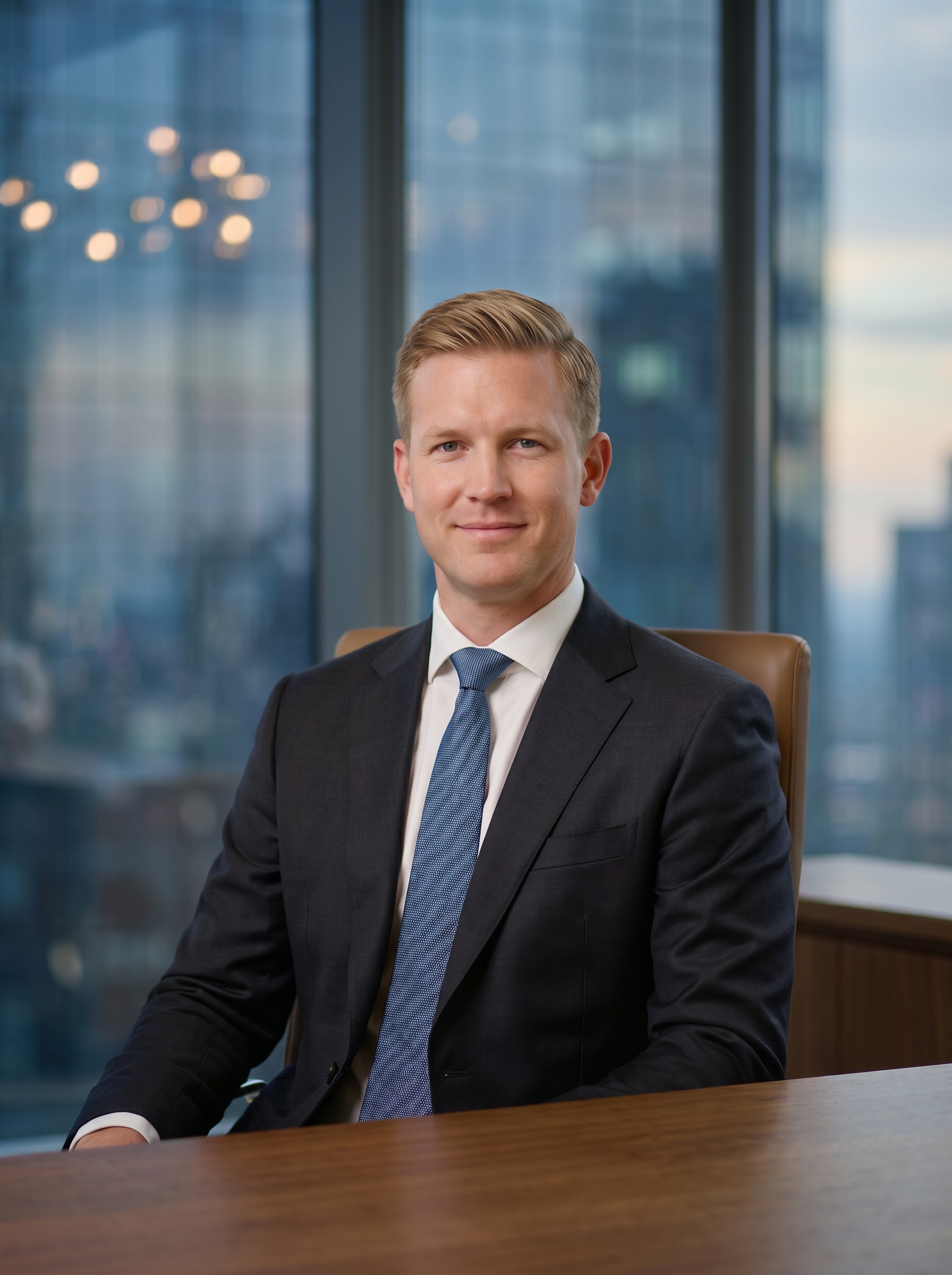A businessman with blonde clean cut hair, a strong handsome face, wearing a suit, sitting in an office with a slightly smiling, blurred upscaled office in the background.
