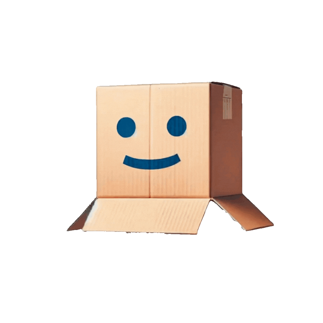 A cardboard box with a smiling face drawn on it, featuring two eyes and a wide smile, set against a light brown background.