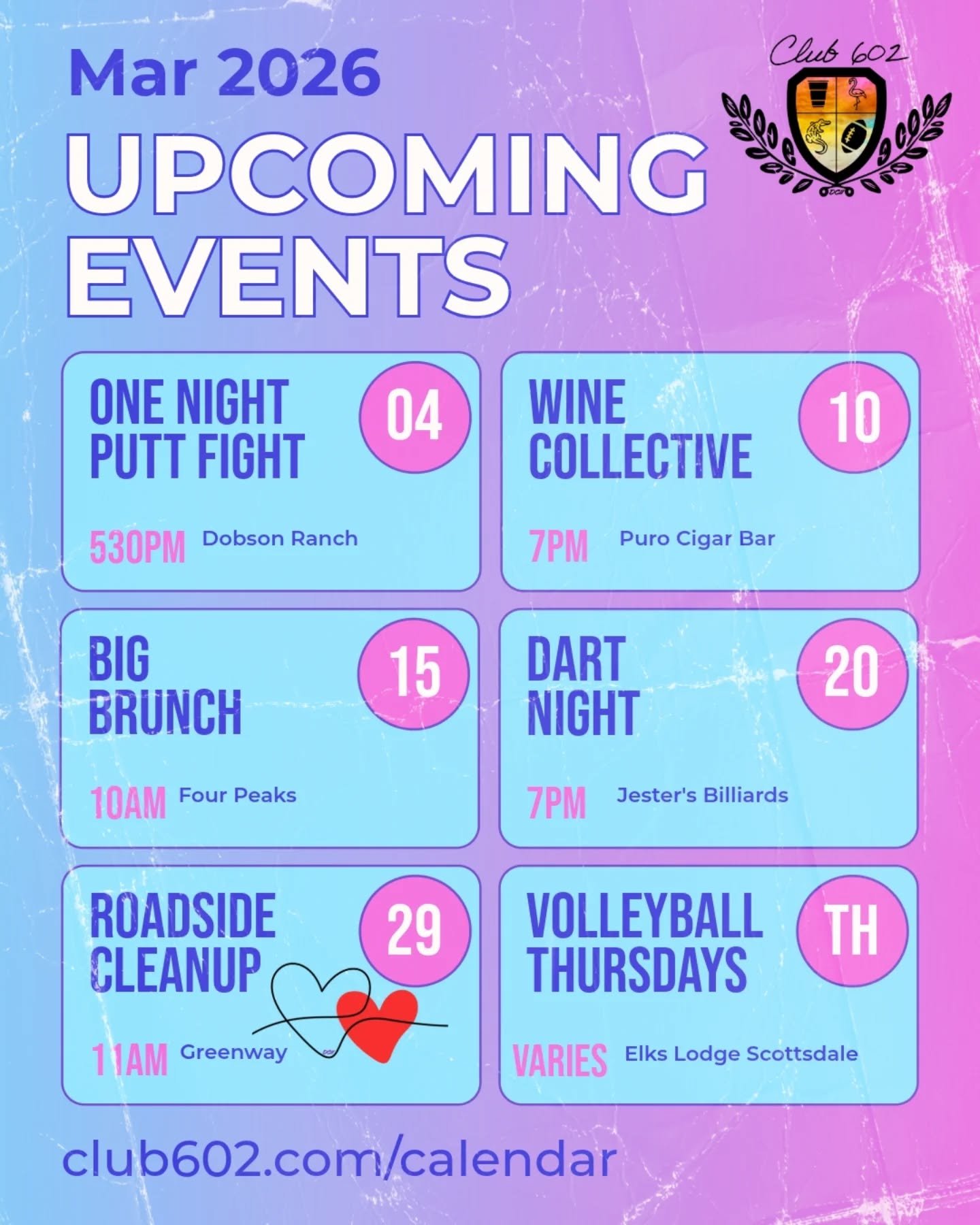 Spring in Arizona is undefeated, and our March calendar is absolutely stacked. ☀️🌵

Between the major outings and the weekly meetups, we are all over the Valley this month. Here is the official lineup:

⛳ Wednesday, Mar 4: One Night Putt Fight
5:30 