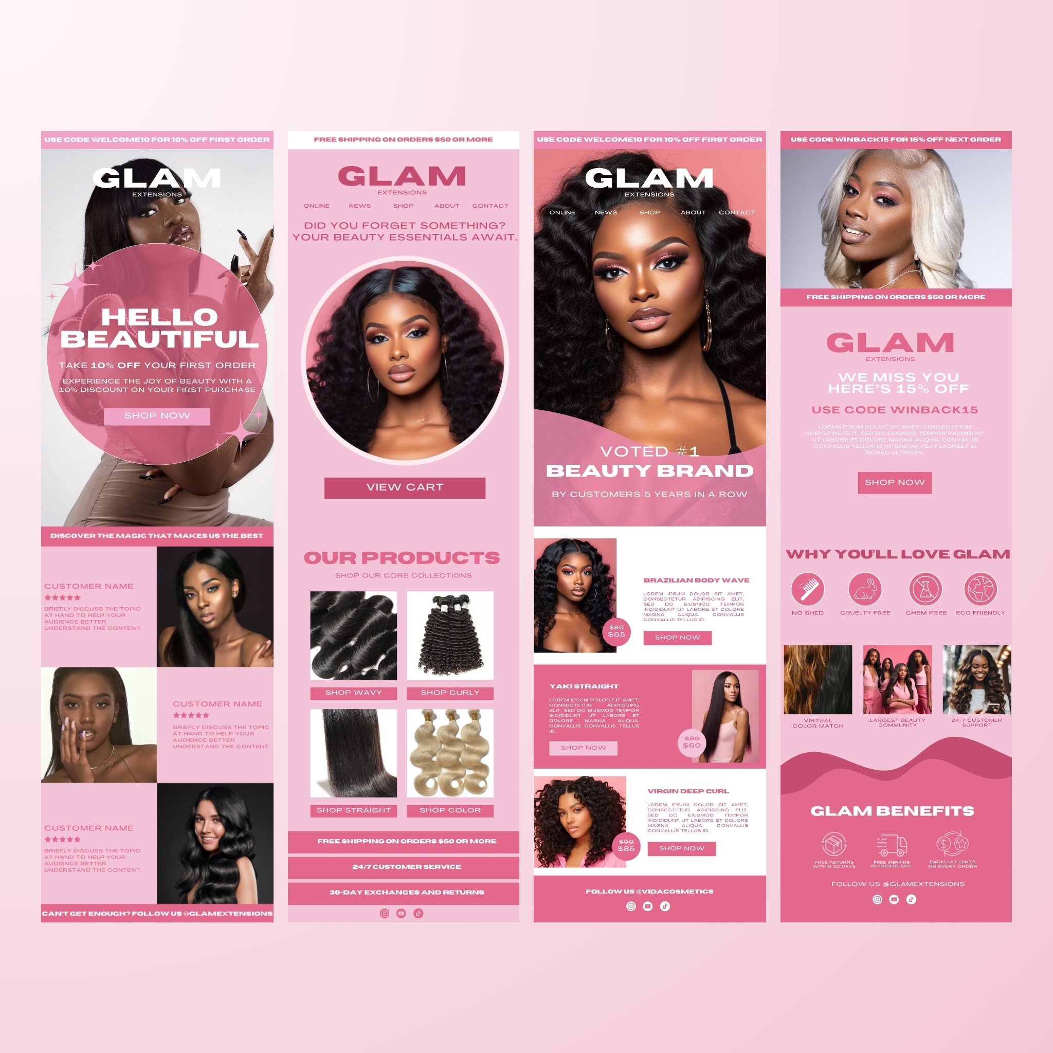 Pink Editable Email Template Canva Business E-mail Marketing Templates Hair Extensions Klaviyo eCommerce MailChimp Email Newsletter Beauty Makeup Templates