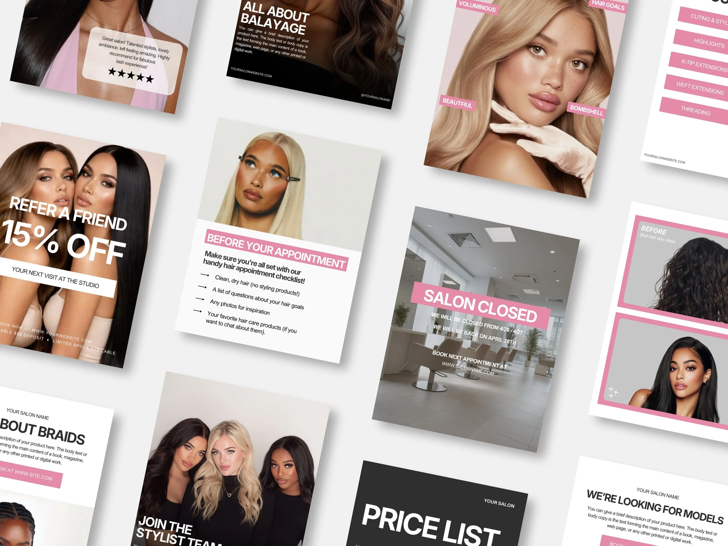 Pink Hairstyling Hairstylist Lash Tech Salon Beauty Business Editable Canva Social Media Instagram Templates
