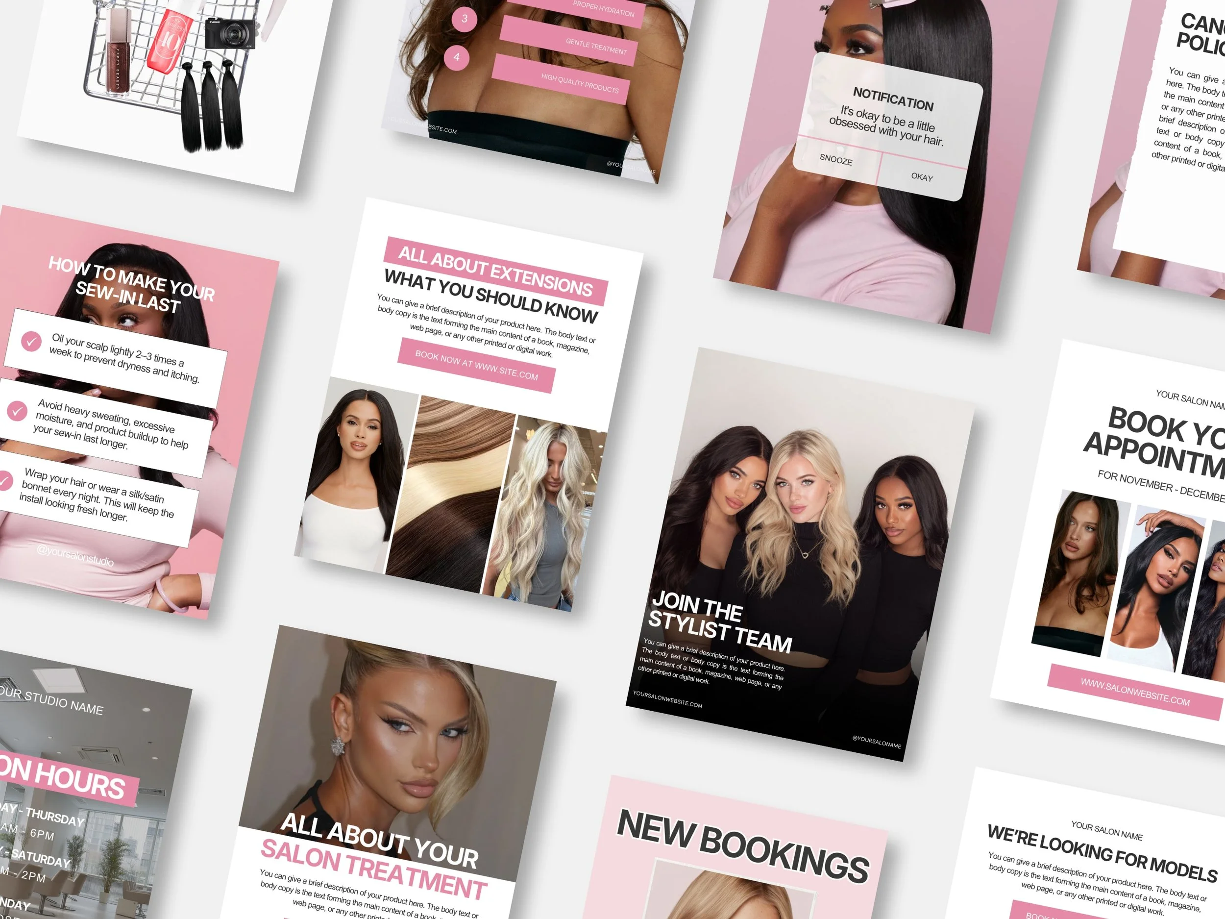 Pink Hairstyling Hairstylist Lash Tech Salon Beauty Business Editable Canva Social Media Instagram Templates