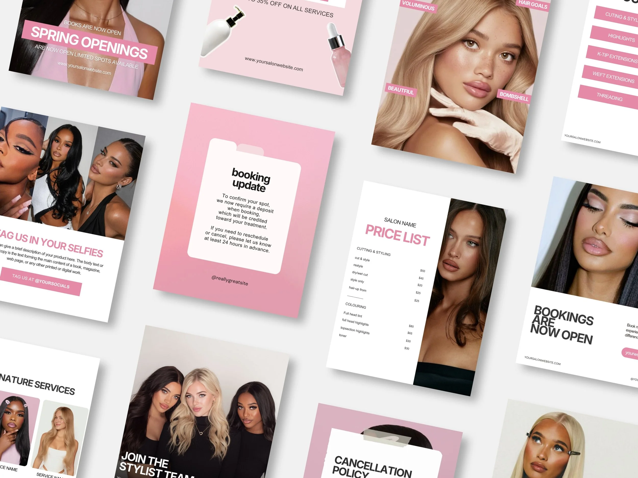 Pink Hairstyling Hairstylist Lash Tech Salon Beauty Business Editable Canva Social Media Instagram Templates