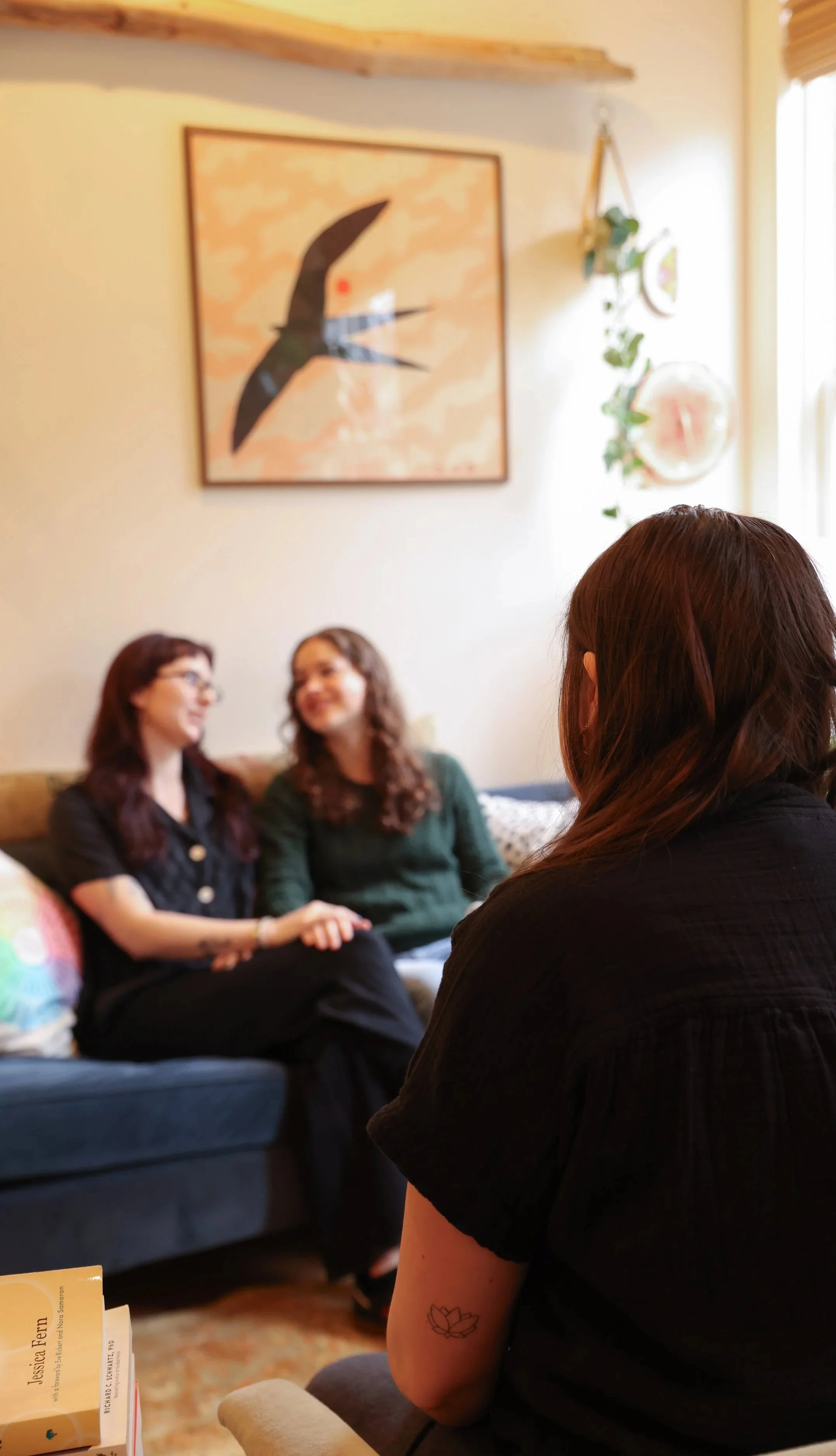 Three women sitting in a living room, with two women speaking and one woman with back to camera listening. There is a piano, a colorful pillow, a framed bird artwork on the wall, and hanging decorations.