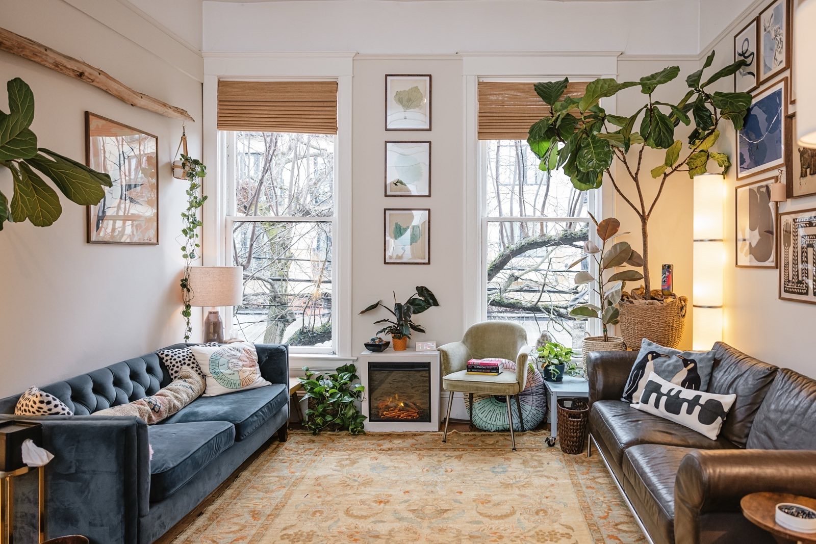 Living room with a large wall of framed artwork, a large potted plant near the window, a leather sofa with pillows, a small electric fireplace, and a patterned rug.