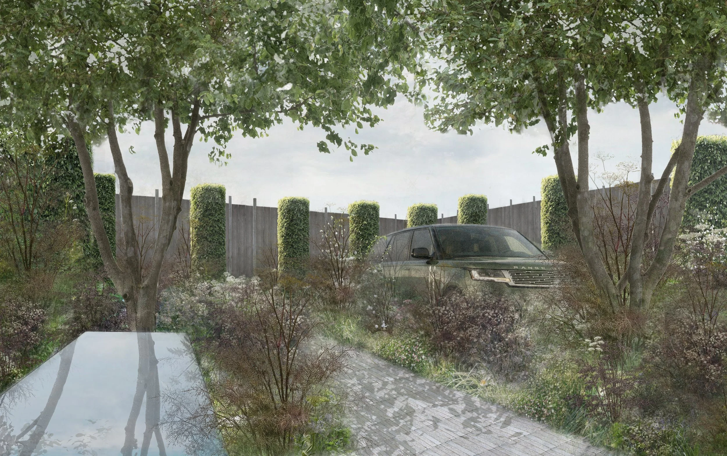 Design visual for Chelsea Flower Show installation for headline sponsor Range Rover - Client Alexandra Noble. Showcasing Ranger Rover EV Vehicle