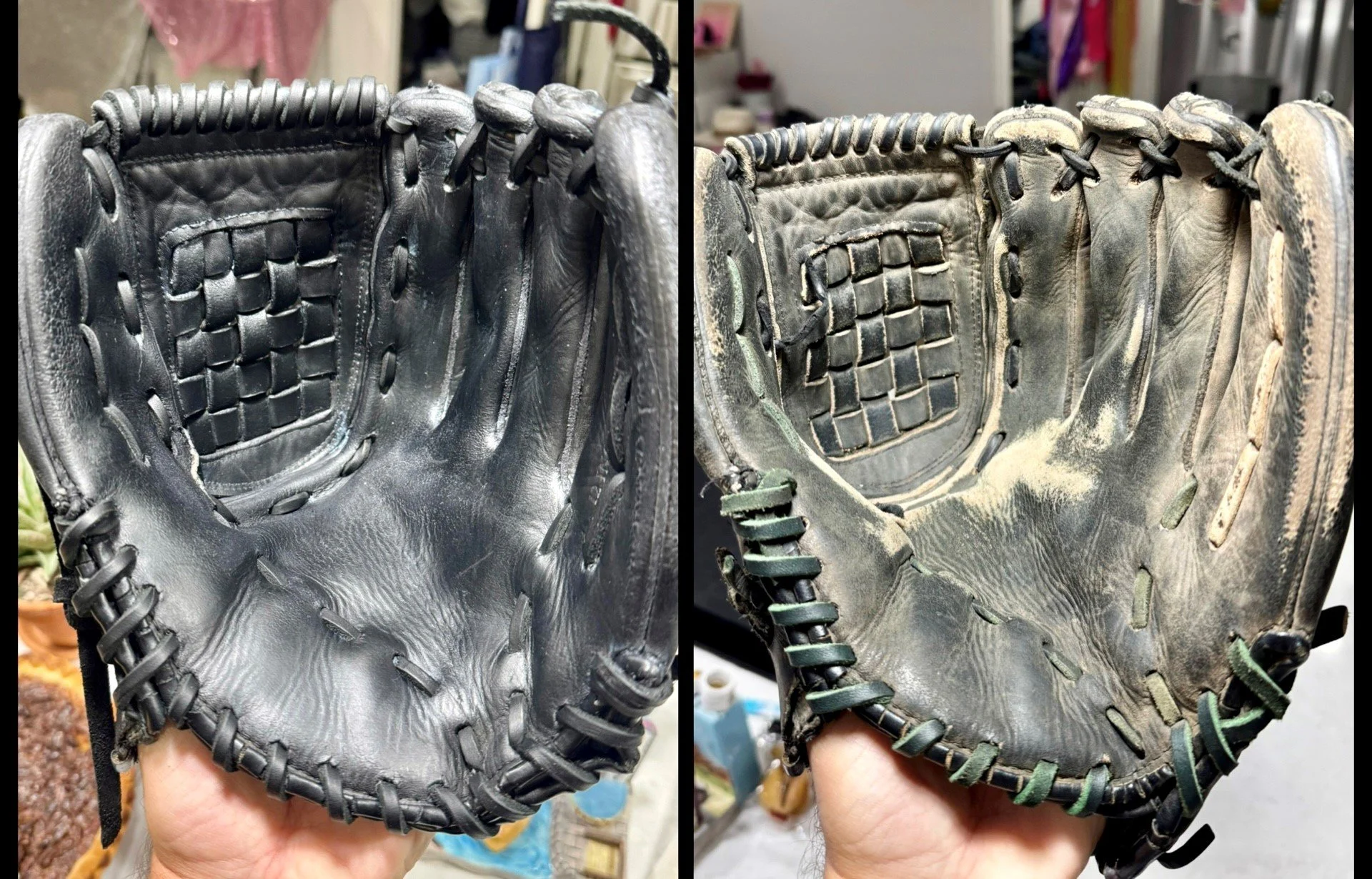 Comparison of two baseball gloves: a new, black, well-maintained glove on the left and an old, worn, dusty glove with frayed laces on the right.