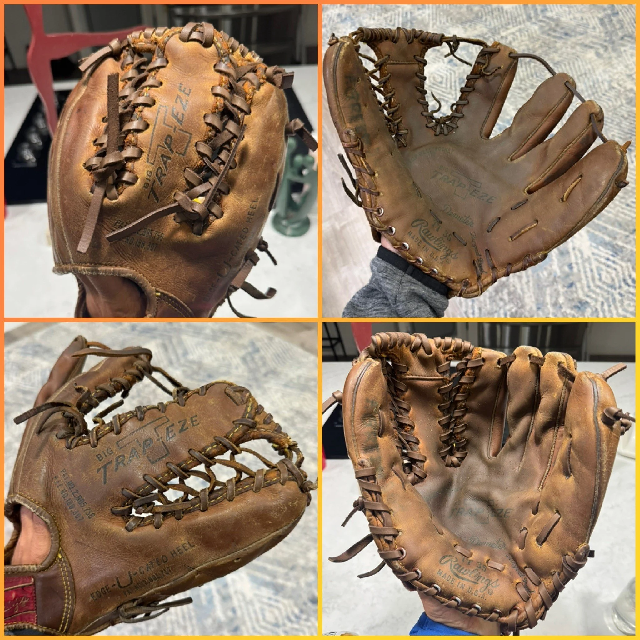 Close-up view of a vintage brown baseball glove with leather laces, showing signs of wear and tear, with hand holding it in some images.