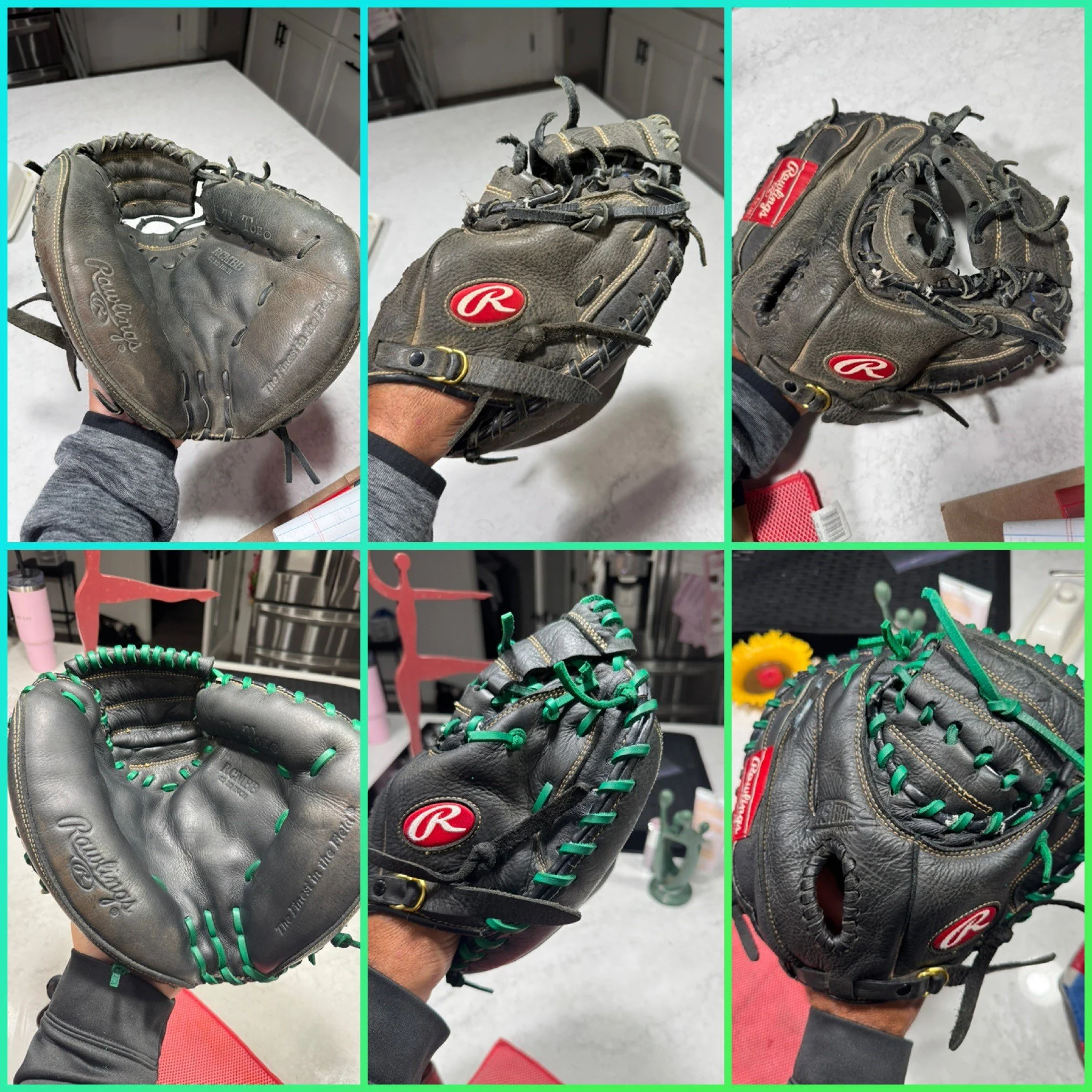A collage of three photos showing worn Rawlings baseball gloves with green and black laces, held by a person wearing a gray long-sleeve shirt. The background includes a white countertop, red shelves, and various colorful objects.
