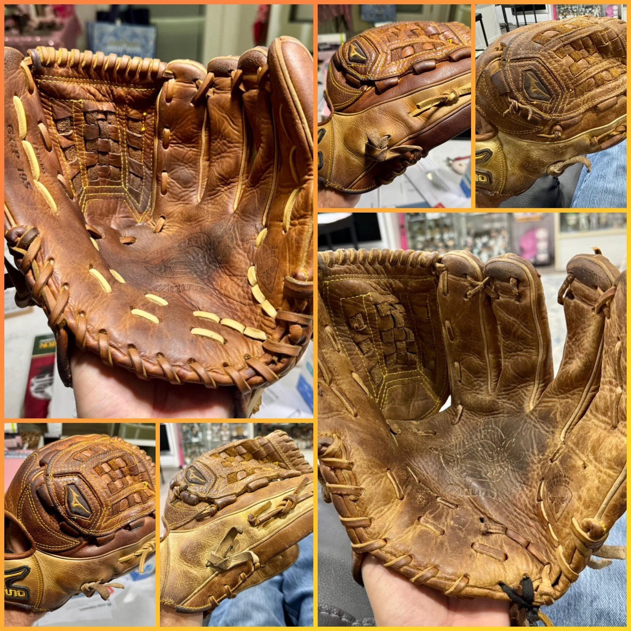 Close-up images of a worn brown leather baseball glove showing detailed stitching, laces, and textured surface.