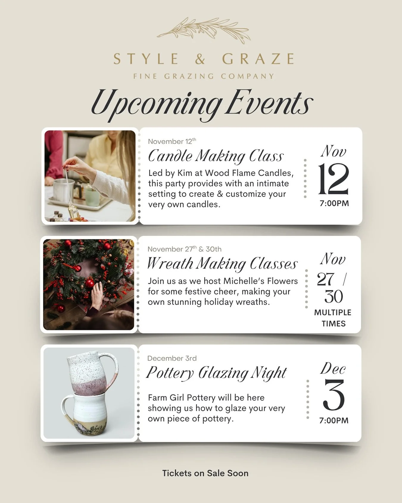Save the Date!

We have three great events coming up at our event space, La Galerie.

Join us on:
November 12th - Candle making with @woodflamecandles
November 27th &amp; 30th - Wreath making with @michellesflowers
December 3rd - Pottery glazing with