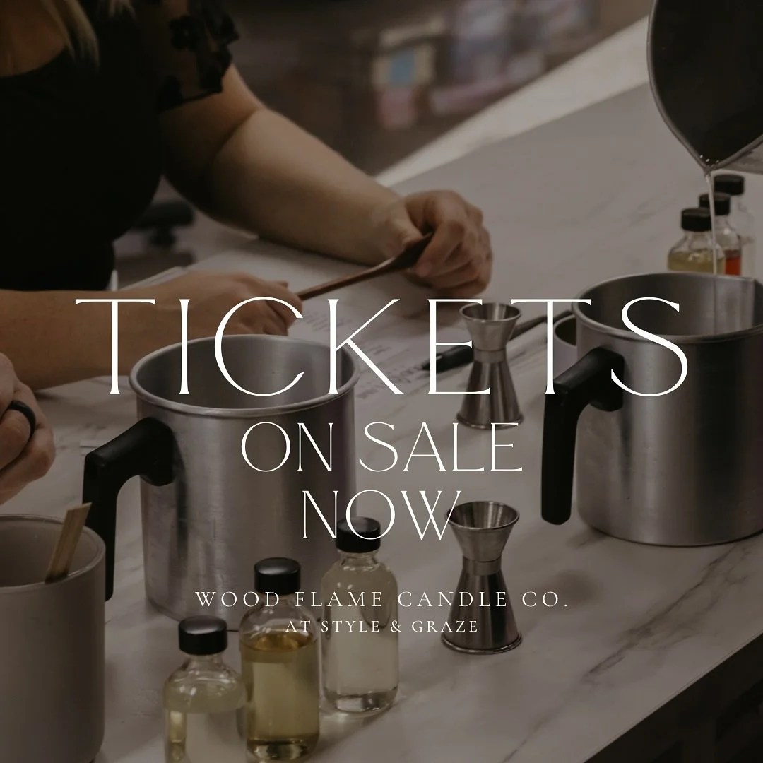 Tickets are now on sale! (Link in bio)
Join Kim from Wood Flame Candle Co. at Style & Graze, on November 12th, for an intimate candle-making experience.
Create your own custom candles, sip a welcome drink, and enjoy a delicious charcuterie snac