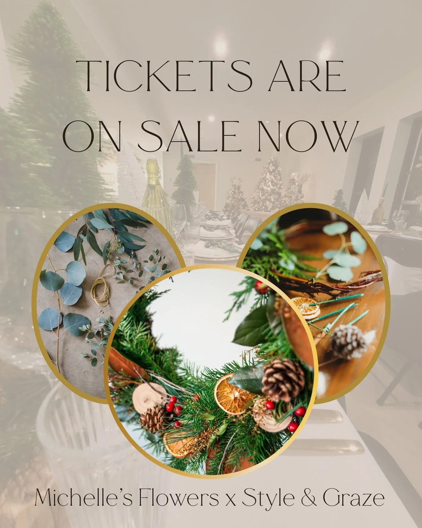 Wreath Class Tickets Are Live! 

Join us for one (or both!) of our cozy holiday wreath workshops taught by Michelle&rsquo;s Flowers and hosted by Style &amp; Graze. 

&bull; Half Wreath Workshop &ndash; November 27 at 7PM
&bull; Full Wreath Workshop 