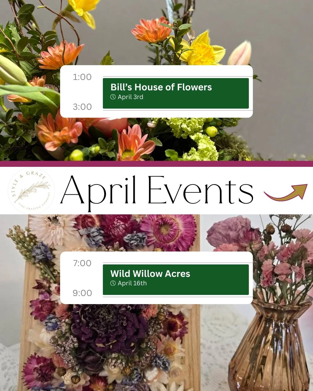 This is me mentally willing SPRING into reality by hosting flower events!!!!

🌹🪻🌸🌺🌷🌼💐

Two beautiful Spring event nights coming to @yxestyleandgraze this April. 

Join us for florals, charcuterie, and connection with two special hands-on works