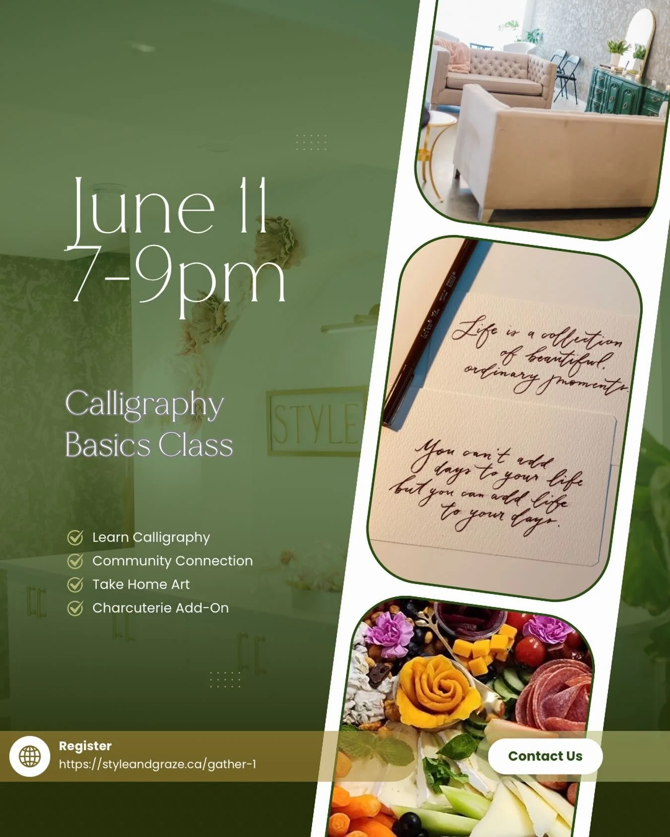 Community &bull; Calligraphy &bull; Charcuterie 

Register your spot today 🖋️🍇
