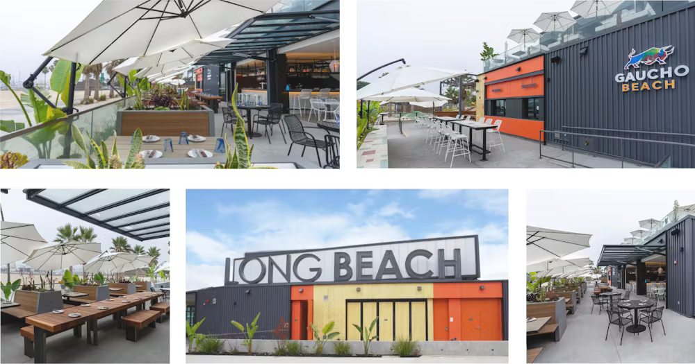 Modern outdoor dining area at Gaucho Beach in Long Beach, featuring umbrellas, tables, and chairs.