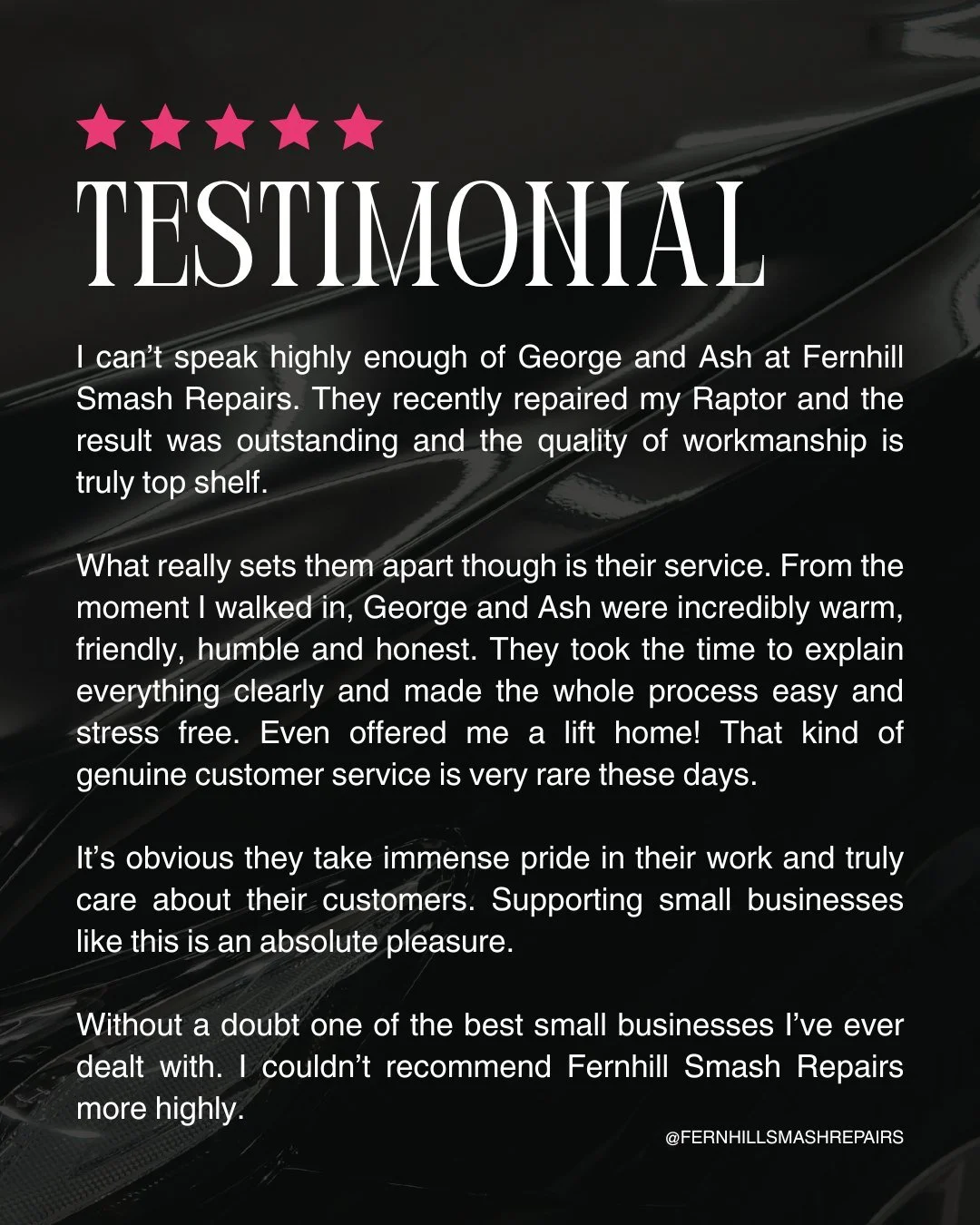 Reviews like this are exactly why we do what we do 💙

Thanks for trusting us with your Raptor! We're stoked you had a stress free experience from start to finish.

If your car needs form TLC,  Stop by the workshop for a free quote. We've got you.

?