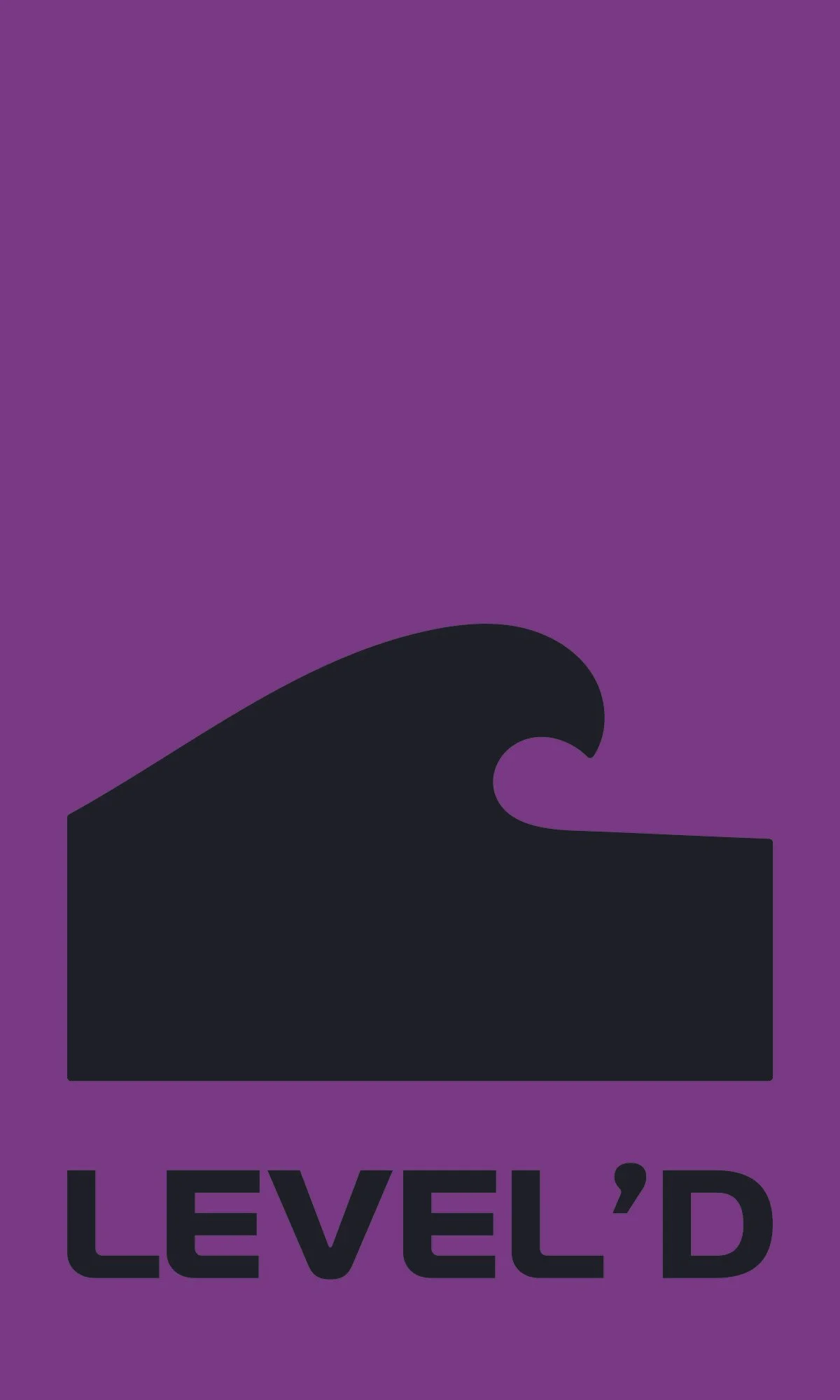 A black silhouette of a rising wave with the text 'LEVEL'D' beneath it, on a purple background.