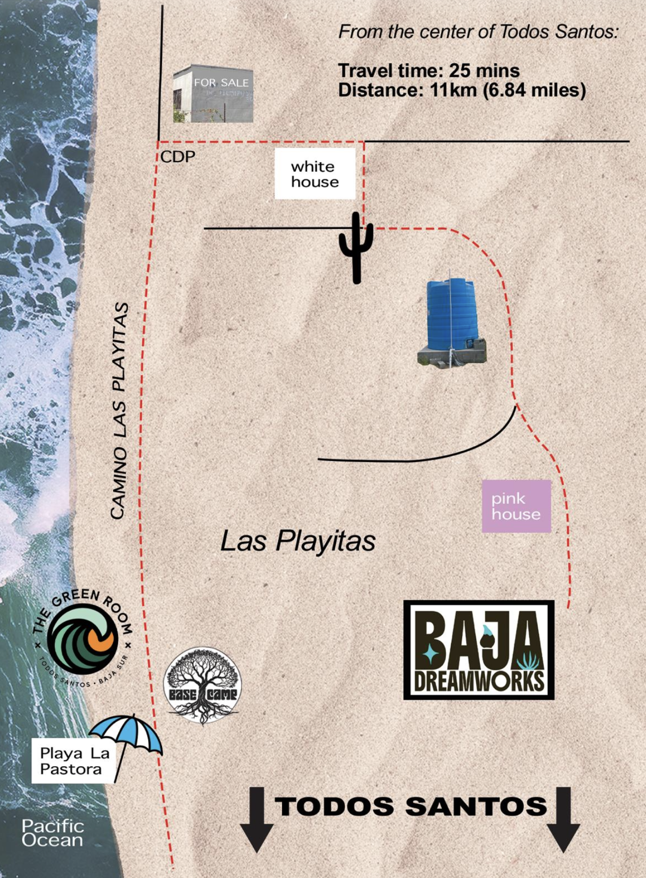 Map of Todos Santos, Mexico, showing locations including Las Playitas, Playa La Pastora, La Green Room, Base Camp, a blue water tank, pink house, and various landmarks; also indicating travel time of 25 minutes and distance of 11 km from the center.