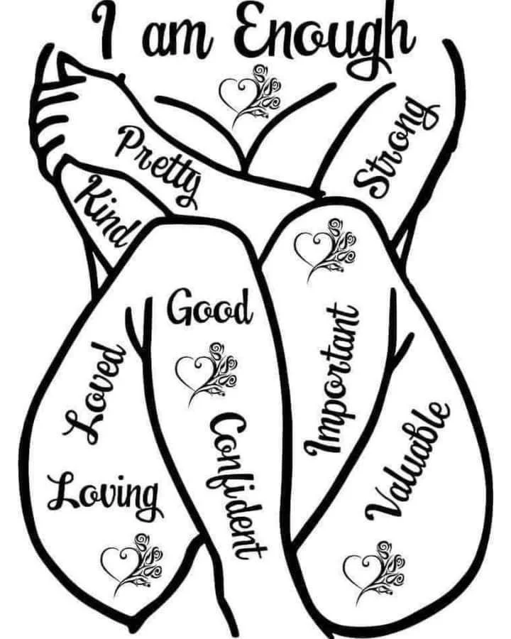 A line drawing of a heart-shaped tattoo with positive words and small decorative hearts inside. Words include "I am Enough," "Pretty," "Strong," "Loved," "Loving," "Good," "Kind," "Tender," "Important," "Valuable," and "Happy."