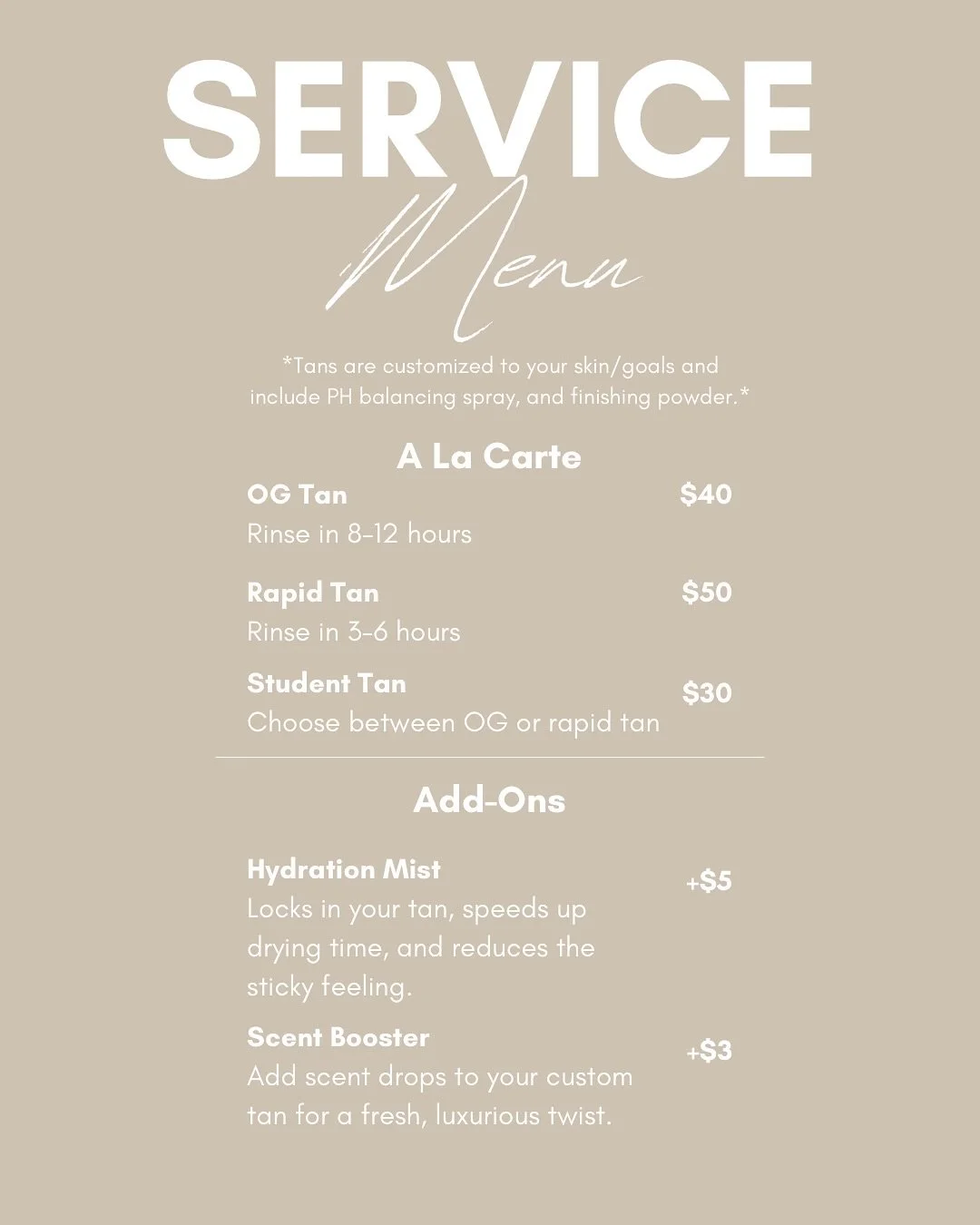 ✨NEW SERVICE MENU ALERT✨
Your glow just got an upgrade 🤎

We&rsquo;ve updated our menu with fresh options &mdash; from single tans to luxe packages that don&rsquo;t expire  and our newest &ldquo;Tan &amp; Toast&rdquo; private party experience 🥂

💛