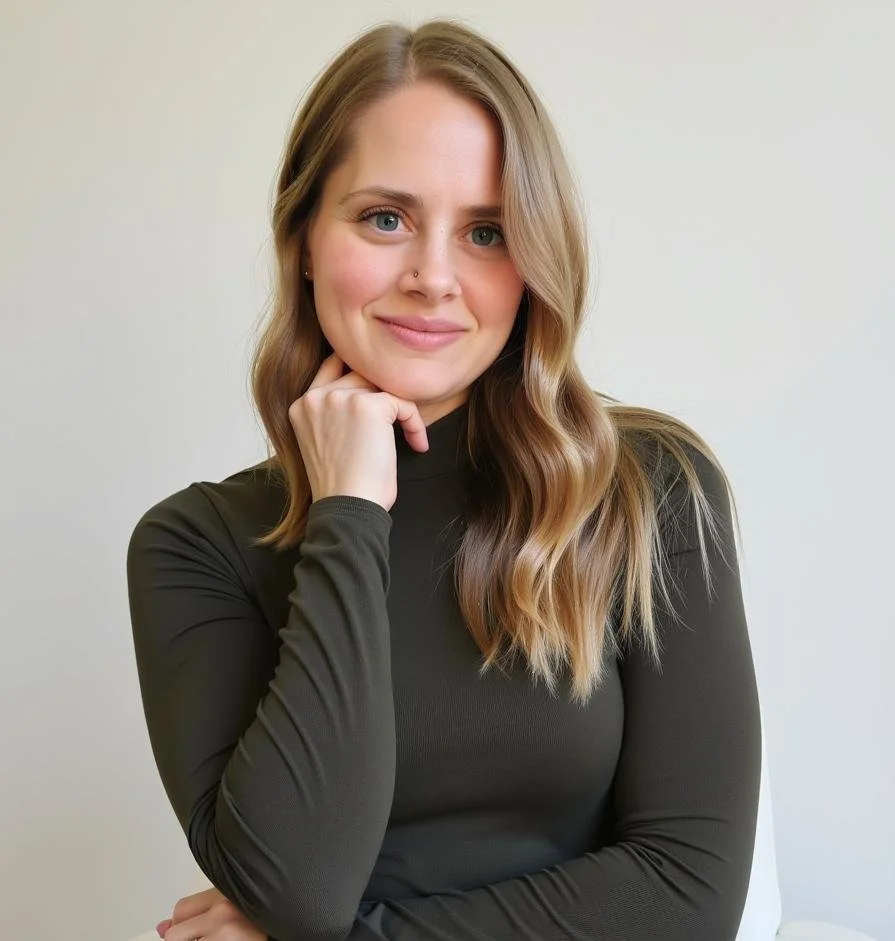 A young woman with long, wavy blonde hair, blue eyes, and a nose piercing, wearing a dark long-sleeve top, smiling with her hand resting under her chin, against a plain white background.
