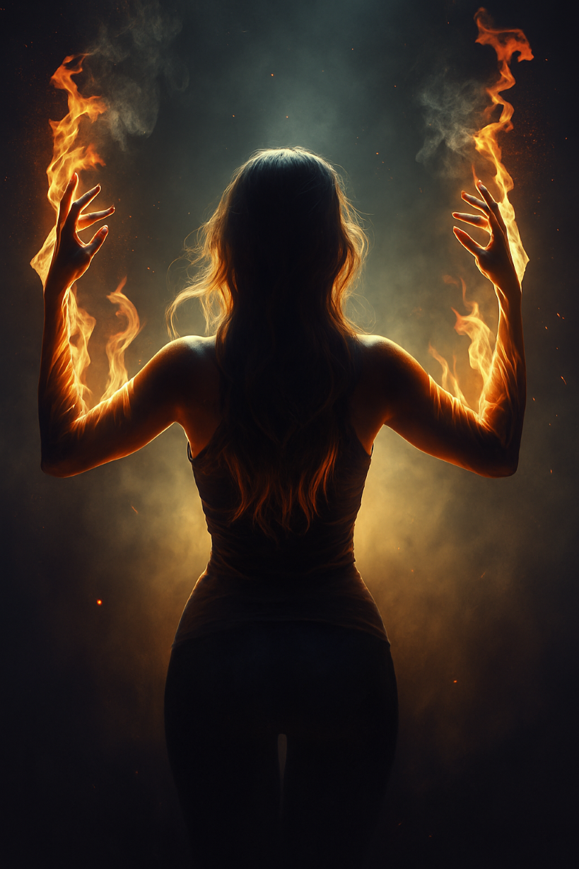 Silhouette of a woman with long hair, raising her arms with flames emanating from her hands, against a dark background with the text 'RECLAIMING YOU' at the top.