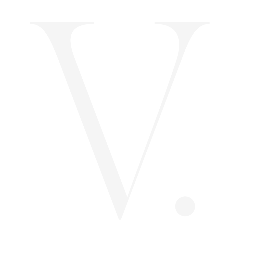 A stylized, white capital letter V with a period at the bottom right, set against a black background.