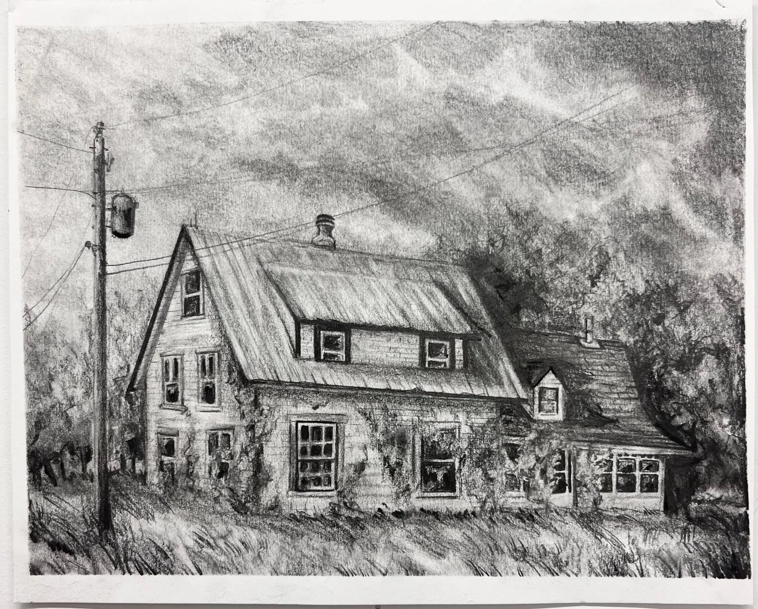 Funeral Home, 2026. Graphite on paper — 9 x 11 in.