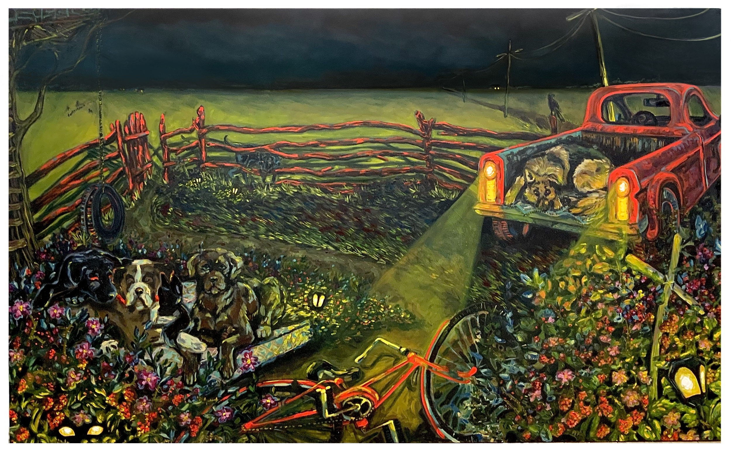 Night Yard, 2026. Oil on canvas — 51.5 x 85 in.