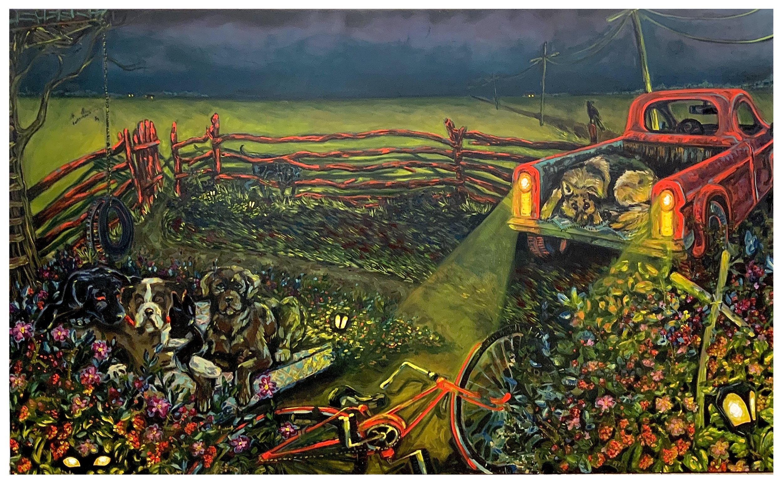 Night Yard, 2025. Oil on canvas — 51.5 x 85 in.