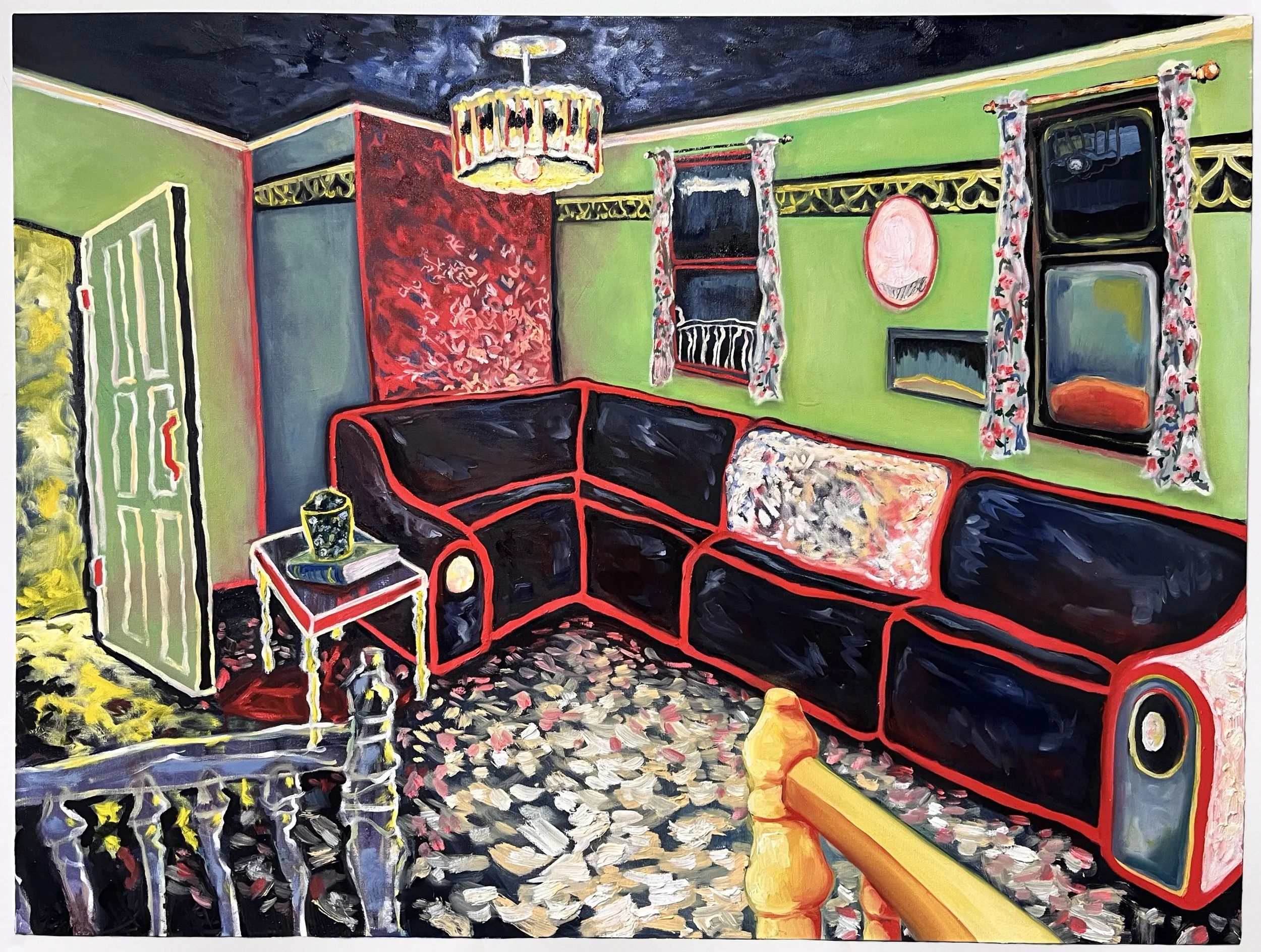 Couch Scene, Abandoned, 2024. Oil on Canvas — 36 x 48 in.