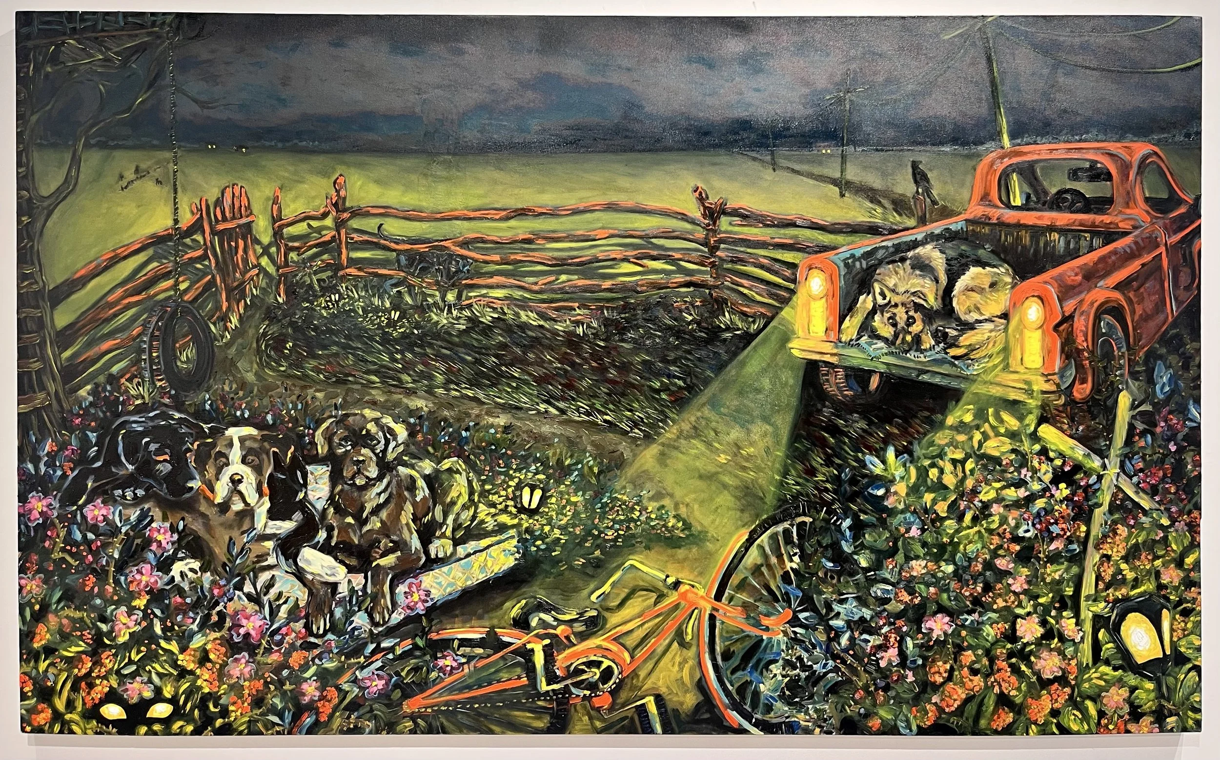 Night Yard, 2026. Oil on canvas — 51.5 x 85 in.