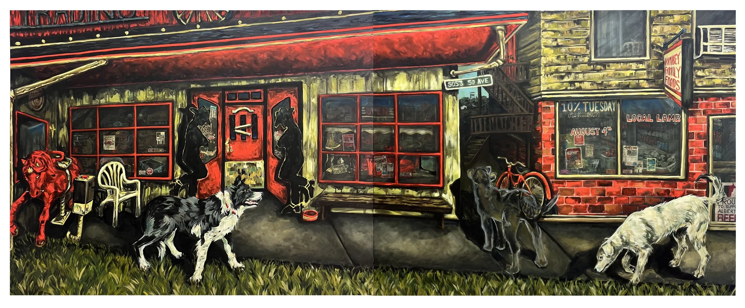 Summer Swarm, 2026. Oil, acrylic, and collage on multiple canvases — 48 x 120 in.