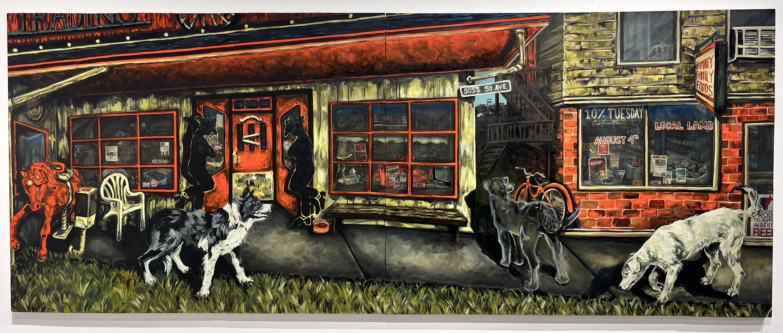 Summer Swarm, 2026. Oil, acrylic, and collage on multiple canvases — 48 x 120 in.